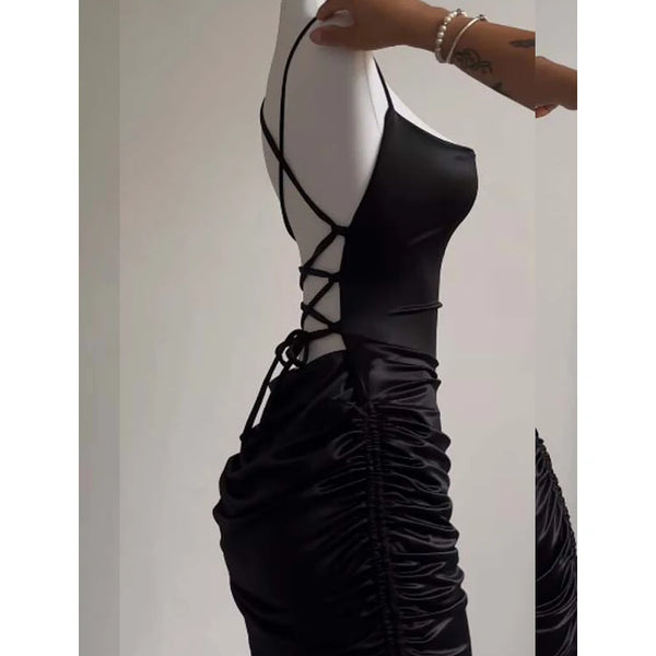 Sexy Sleeveless Backless Bodycon Mini Dress Women Summer Satin Lace Up Party Club Dresses Streetwear Evening Black Y2K 2025 Robe