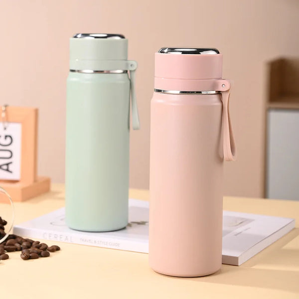 500/600ml 316 Stainless Steel Insulated Water Bottle, Matte Flask with Tea Strainer & Carry Strap for Outdoor