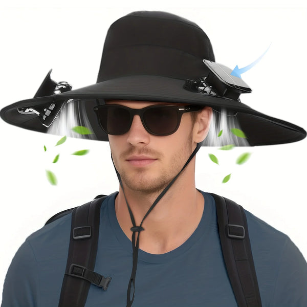 Dual Fan Solar Sun Hat, UPF50+ Wide Brim UV Protection Bucket Hat, Rechargeable Cooling Hat for Outdoor Fishing Hiking