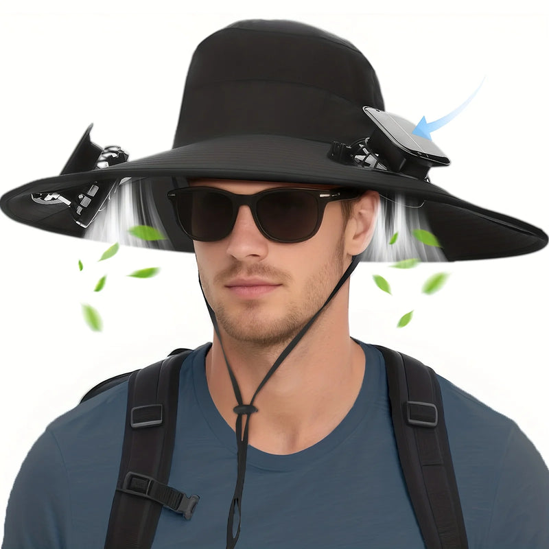 Dual Fan Solar Sun Hat, UPF50+ Wide Brim UV Protection Bucket Hat, Rechargeable Cooling Hat for Outdoor Fishing Hiking