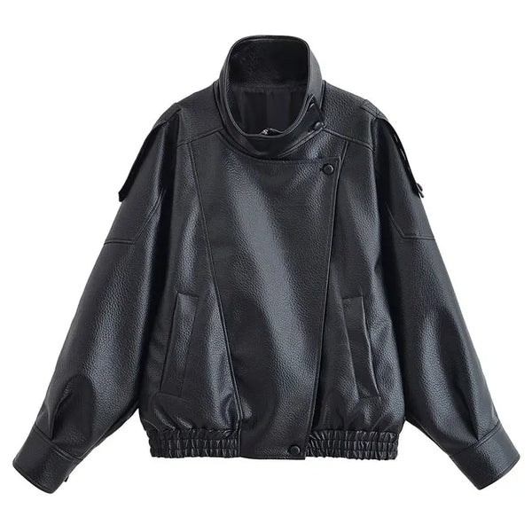 HH Autumn Faux Leather Jacket For Women Casual Solid Long Sleeve Zipper Pu Leather Coats New Fashion Female Streetwear