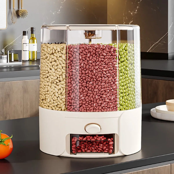 6-Grid Rotating Grain Dispenser, Sealed Moisture-Proof Rice Storage Container, Kitchen Cereal Organizer for Flour, Dry Food