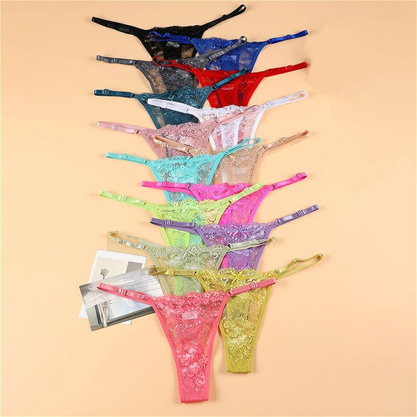 Women's Lace Mini Panties Adjustable See-Through Sexy Erotic Thongs Low Waist Tight Female Bikini T Underpants Soft Breathable