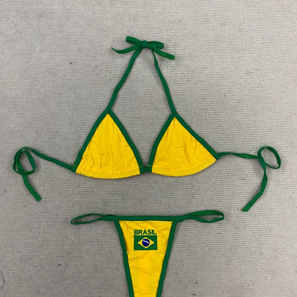 Women's Brasil Flag Print Bikini Set, Halter Triangle Top + Tanga Bottom, Brazilian Flag Two-Piece Swimwear, Y2K Beachwear