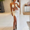 2026 Women Summer New White Knit Cut Out Backless Tie Side Slit Beach Maxi Dress Chic Hanging Neck Swimsuit Bikini Cover-ups K69