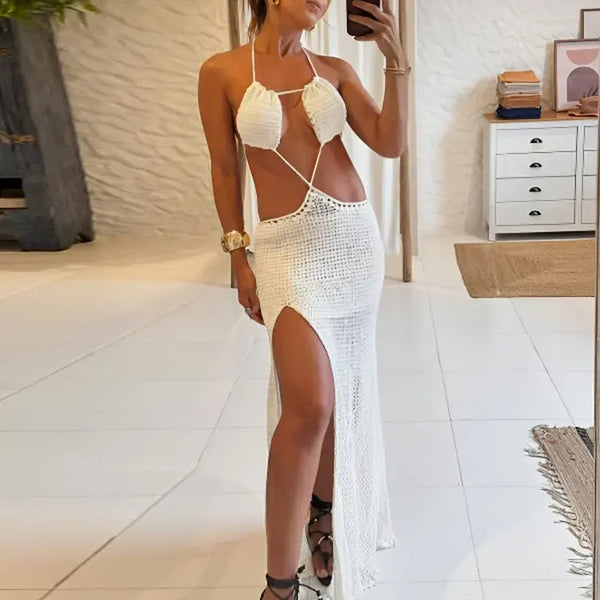 2026 Women Summer New White Knit Cut Out Backless Tie Side Slit Beach Maxi Dress Chic Hanging Neck Swimsuit Bikini Cover-ups K69