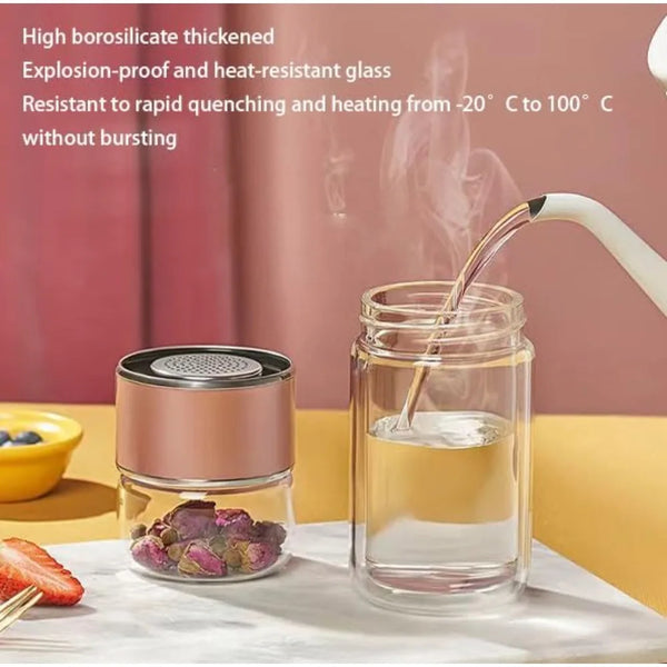 Double Wall Glass Tea Bottle 420ML Insulated Tumbler with Tea Strainer Leak Proof Hot Water Bottle for Office Travel Camping
