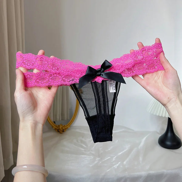 Sexy Lace Thongs for Women Low Waist G-String Panties Breathable Mesh Bow T-Back Femme Intimates Lingerie