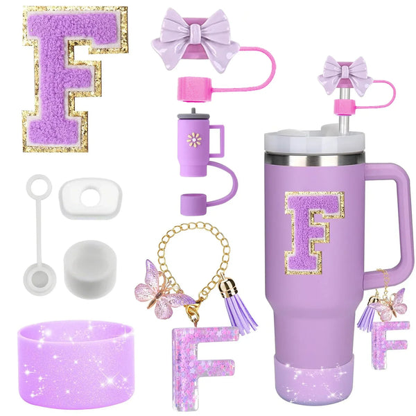 8PCS Accessories Set for Stanley Cup Purple 30oz 40oz tumbler Silicone Straw Topper Cover Cap Boot Handle Charm Initials Sticker