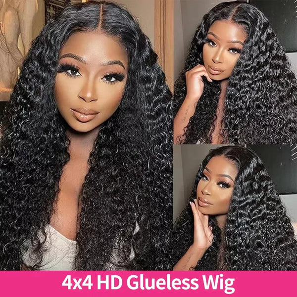 4x4 Water Wave Glueless Lace Front Wig Natural Color Deep Wave Human Hair Wig Pre plucked 5x5 Transparent Lace wig Ready to Wear