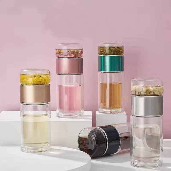 Double Wall Glass Tea Bottle 420ML Insulated Tumbler with Tea Strainer Leak Proof Hot Water Bottle for Office Travel Camping