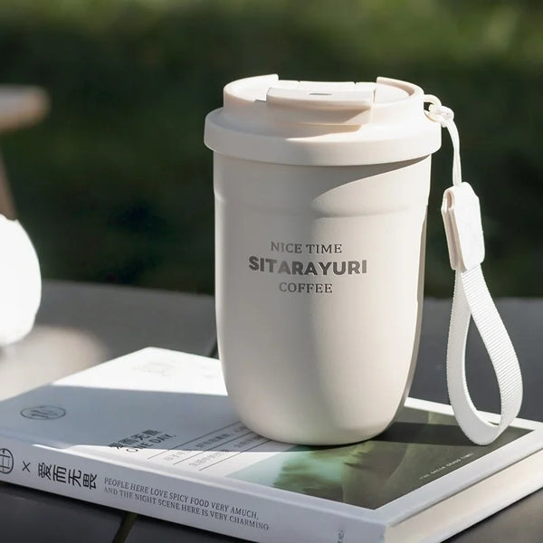 JUSTINLAU Stainless Steel Coffee Cup Insulated Water Bottle Double Drinking Straw Cup With tea strainer Office Outdoor Water Cup