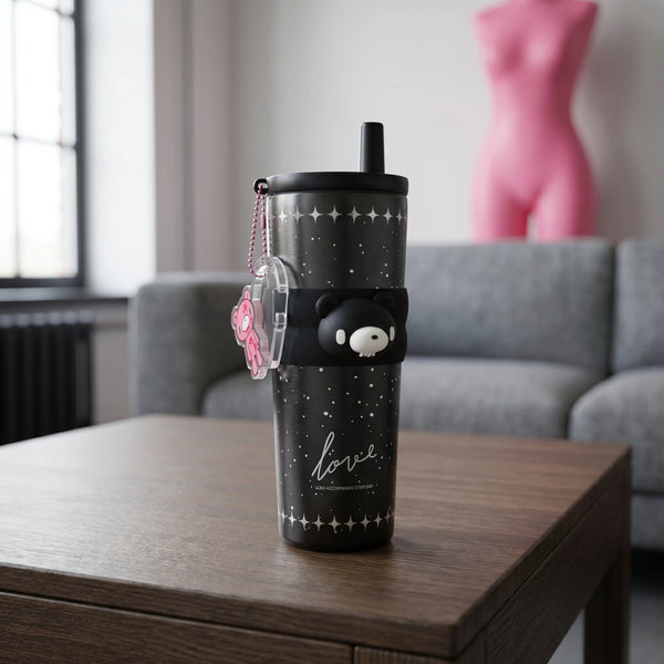 Cute Bear Stainless Steel Tumbler 700ml Vacuum Insulated Cup with Straw Tea Filter Leakproof Coffee Mug for Office Travel