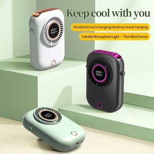 Colorful Hanging Neck Fan Portable Hanging Neck Fan Intelligent Digital Display Colorful Atmosphere Light Five-speed Adjustable