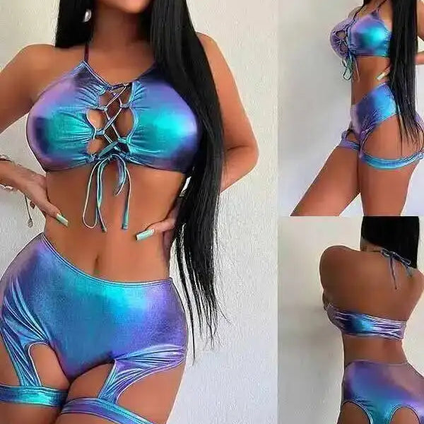 Electric Syllable Split Set Sexy Hollow Tank Top Laser Gold Plated Leg Ring Shorts Two Piece Bikini Set Suspenders Backless 8384