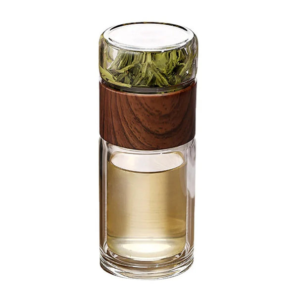 Double Wall Glass Tea Bottle 420ML Insulated Tumbler with Tea Strainer Leak Proof Hot Water Bottle for Office Travel Camping