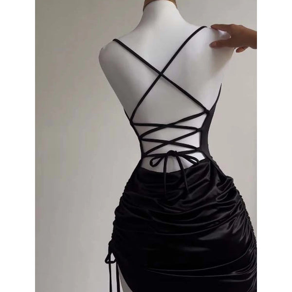 Sexy Sleeveless Backless Bodycon Mini Dress Women Summer Satin Lace Up Party Club Dresses Streetwear Evening Black Y2K 2025 Robe
