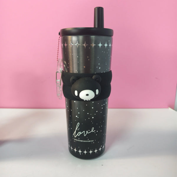Cute Bear Stainless Steel Tumbler 700ml Vacuum Insulated Cup with Straw Tea Filter Leakproof Coffee Mug for Office Travel