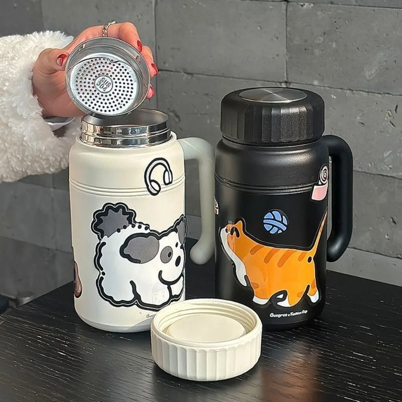 Leak Proof Insulated Cup with Tea Strainer Cartoon Stainless Steel Water Bottle 1000ml with Handle Portable Thermos Travel Use
