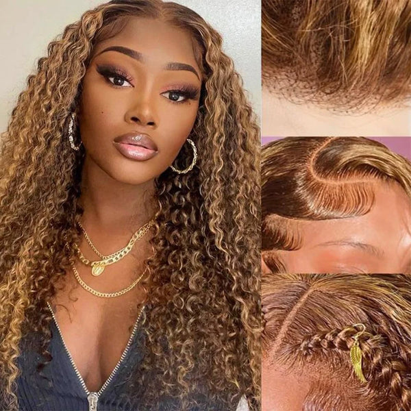 Honey Blonde Ombre Highlight Lace Front Wig Human Hair 13x6 Deep Wave HD Lace Curly WIG