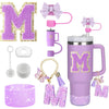 8PCS Accessories Set for Stanley Cup Purple 30oz 40oz tumbler Silicone Straw Topper Cover Cap Boot Handle Charm Initials Sticker