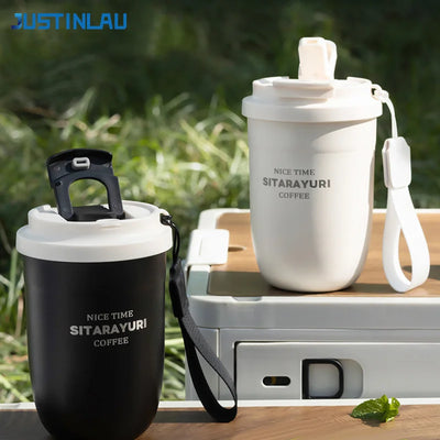 JUSTINLAU Stainless Steel Coffee Cup Insulated Water Bottle Double Drinking Straw Cup With tea strainer Office Outdoor Water Cup