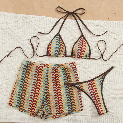 2026 Color Knitted Striped Swimwear Halter String Triangle Bikinis Sets 3 Pieces Shorts Bottom Micro Thong Sexy Swimsuit Women