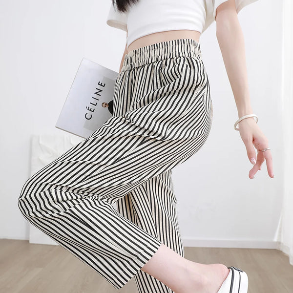 Women's Casual Vertical Striped Comfortable Breathable Elastic Waist Belted Daily Wear Casual Tapered Crop Pants With Pockets