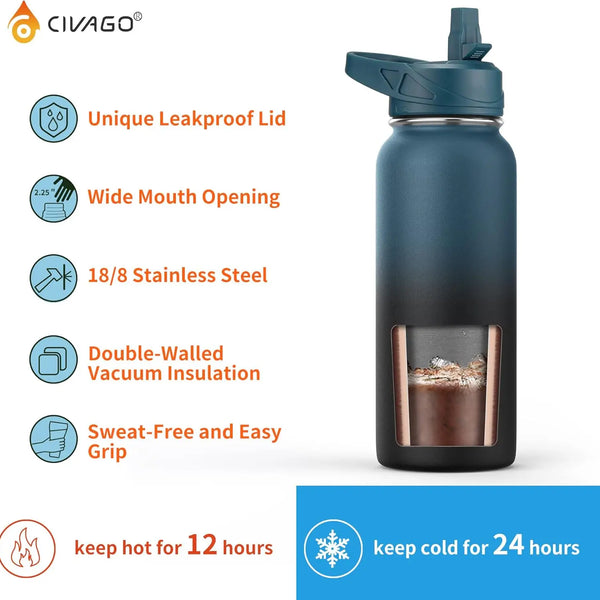 32 oz Insulated Water Bottle with Straw, Stainless Steel Sports Cup with 3 Lids, Wide Mouth Thermal Mug, Black