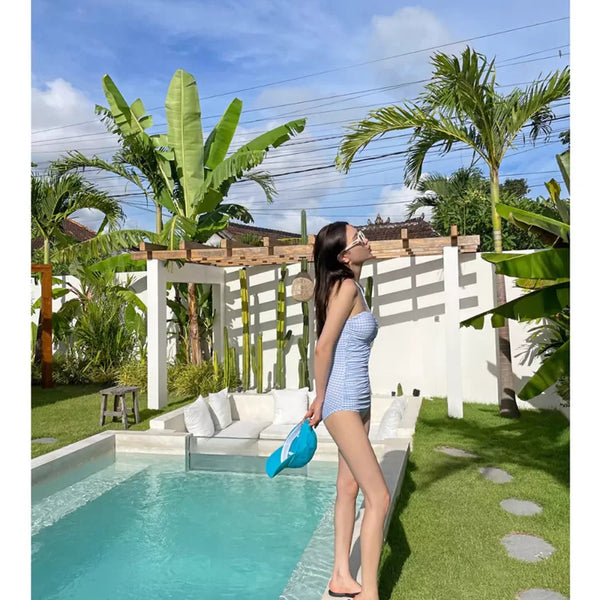 2024 New Women's One-Piece Swimsuit Blue Plaid Cover-Up Bikini Sexy Girl Style Comfortable Fit Swimming Suit Casual Swimwear