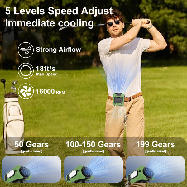 Portable Waist Clip Neck-Worn Fan 5-Speed Strong Wind with Power Bank and LED Light Ideal for Hiking Couriers and Outdoor Work