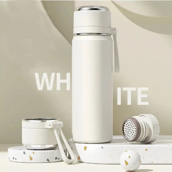 500/600ml 316 Stainless Steel Insulated Water Bottle, Matte Flask with Tea Strainer & Carry Strap for Outdoor