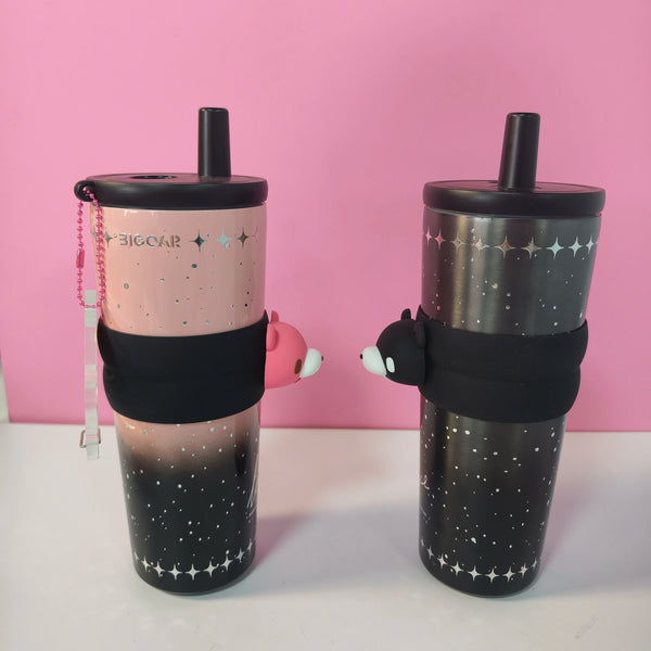 Cute Bear Stainless Steel Tumbler 700ml Vacuum Insulated Cup with Straw Tea Filter Leakproof Coffee Mug for Office Travel