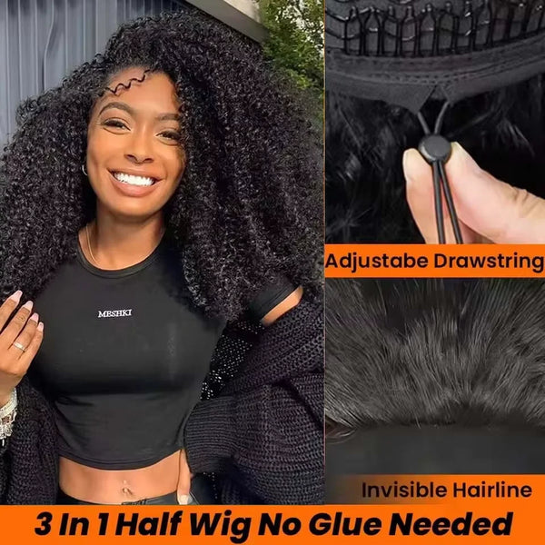 250% Density Glueless Wigs Human Hair Burmese Curly Wig Upgrade 3 IN 1 Half Wig With Drawstring Seamless Clip Ins Flip Over