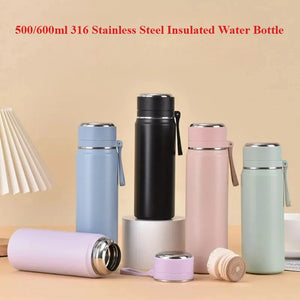 500/600ml 316 Stainless Steel Insulated Water Bottle, Matte Flask with Tea Strainer & Carry Strap for Outdoor
