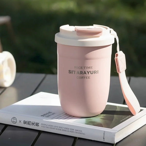 JUSTINLAU Stainless Steel Coffee Cup Insulated Water Bottle Double Drinking Straw Cup With tea strainer Office Outdoor Water Cup