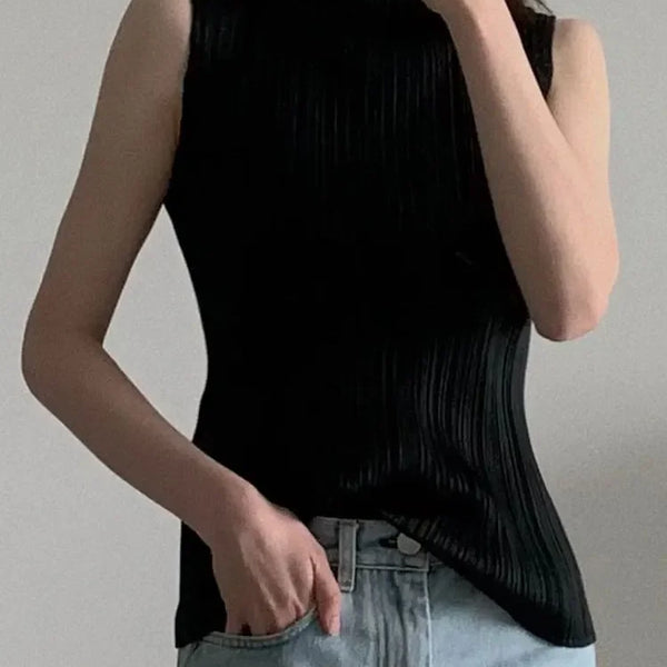 Miyake Pleated Elegant Fashion Temperament Solid Color Half High Neck Sleeveless Women's Vest 2023 Summer New Breathable Top