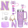 8PCS Accessories Set for Stanley Cup Purple 30oz 40oz tumbler Silicone Straw Topper Cover Cap Boot Handle Charm Initials Sticker