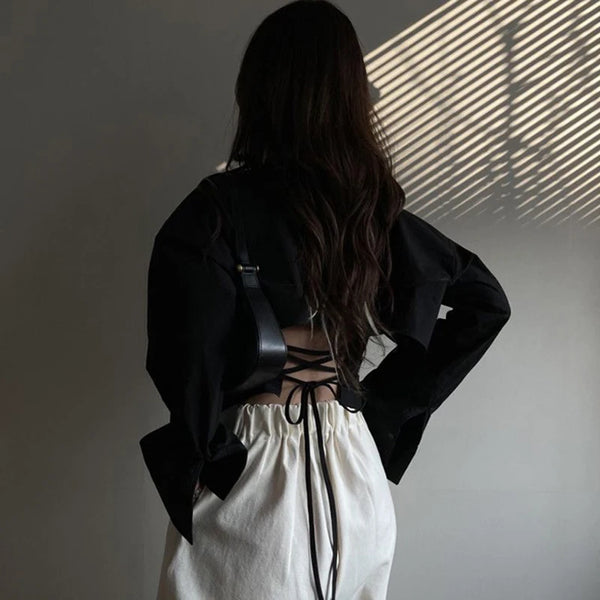 Gidyq Korean Bandage Shirt Women Fashion Backless Sexy Blouse Office Ladies Casual Slim Chic Turn Down Collar Long Sleeve Tops