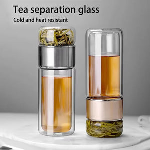 Double Wall Glass Tea Bottle 420ML Insulated Tumbler with Tea Strainer Leak Proof Hot Water Bottle for Office Travel Camping