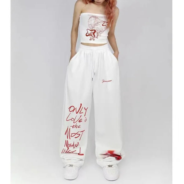 Black White Drawstring Design Sweatpants Women High Street Hip-hop Wide Leg Pants Women New Summer All-match Long Trousers