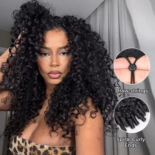 250% Density Glueless Wigs Human Hair Burmese Curly Wig Upgrade 3 IN 1 Half Wig With Drawstring Seamless Clip Ins Flip Over