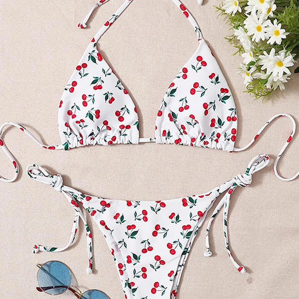 XS - L Cherry Printed Halter Strappy Bikini Female Swimsuit Women Swimwear Two-pieces Bikini set Bather Bathing Suit Swim V4894