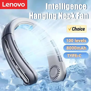Lenovo 8000mAh Portable Hanging Neck Fan Bladeless Neckband Fan Digital Display Power Air Cooler USB Rechargeable Electric Fan