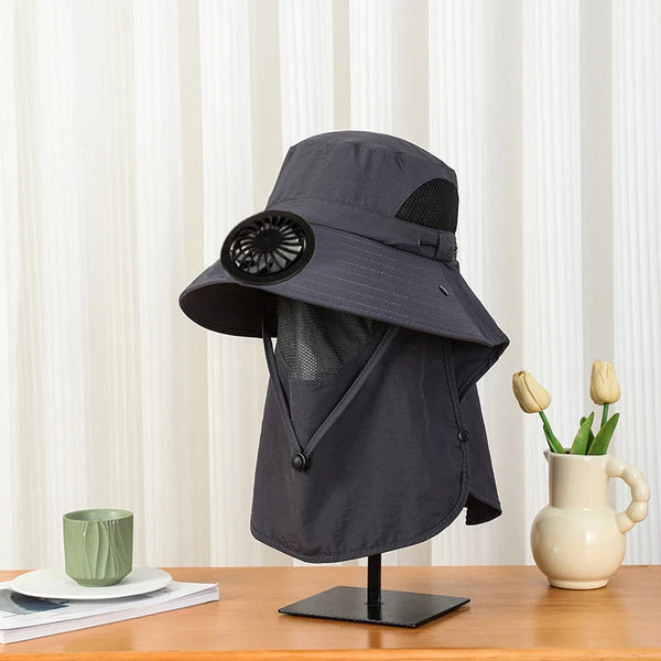 Men Fan Hat With Solar Panel Wide-Brimmed Shawl Fishing Hat Solar USB Charging UV-Protection Outdoor Hat