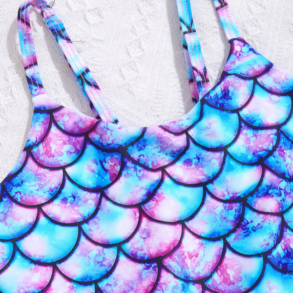 Kids Girls One-piece Swimsuit Mermaid Fish Scales Print Leotard Ruffle Jumpsuit Surfing Bathing Suit Beachwear Swim Rash Guard