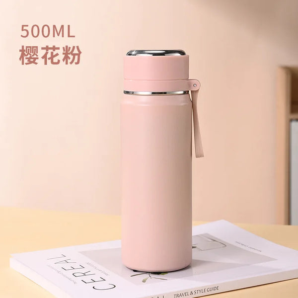 500/600ml 316 Stainless Steel Insulated Water Bottle, Matte Flask with Tea Strainer & Carry Strap for Outdoor
