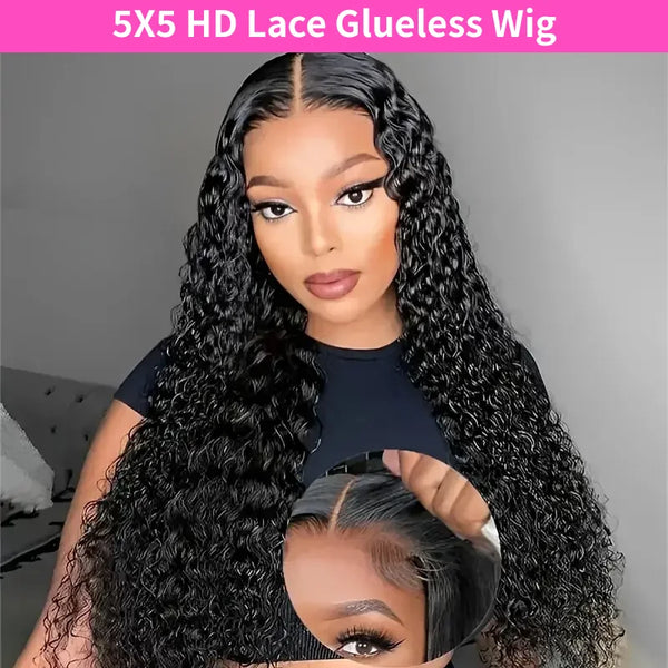 4x4 Water Wave Glueless Lace Front Wig Natural Color Deep Wave Human Hair Wig Pre plucked 5x5 Transparent Lace wig Ready to Wear