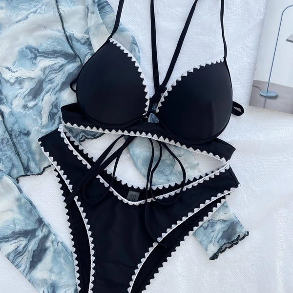 Sexy Underwire Bikini 2024 Women Black Patchwork Ruffle Push Up Micro Swimsuit Beach Bathing Suit High Waist Swimwear Biquini