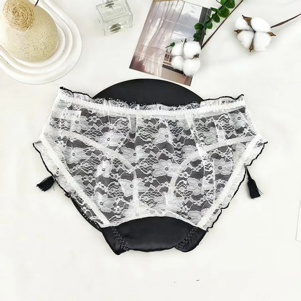 Women's Lace Satin Panties Sexy Low-Rise Briefs with Tassel Bow Transparent Breathable Cute Transparent Princess Thin Underwear